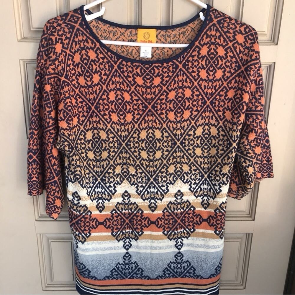 Ruby Rd Sweater SzS Lt Weight Gradient Orange 3/4 Sleeves Blk Trim Nice